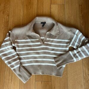 Forever 21 Tan and White Striped V-Neck Sweater